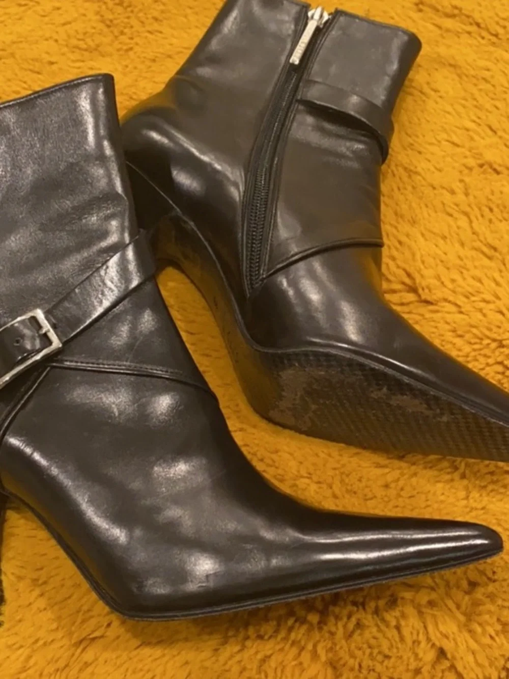 VINTAGE Michel Perry Black ankle pointy toe booties with silver tone hardware 36